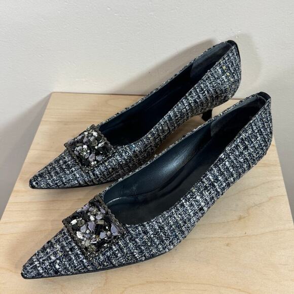 Stuart Weitzman Kitten Heels Tweed Crystal Rhinestone Embellished Pointed Toe 8 - Picture 1 of 9